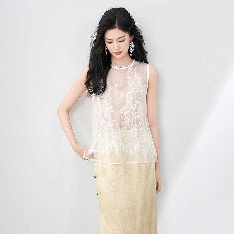 Elegant round Neck Lace Trim Splice Otago Shirts Fashionable Summer Tank Tops French Style Loose Fit Sleeveless Dresses