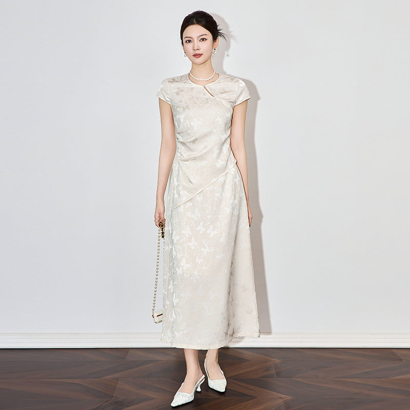 Women Velvet Jacquard Maxi Dress Elegant A Line Long Dress Slim Fit Layered Design Chinese Style Summer Party Outfit Chic Lady