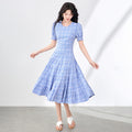 Velvet Plaid Dress Fresh French Style Anti-Aging Large Quantity Skirt Long Dress round Neck Short Sleeve A- Line Midi Dress