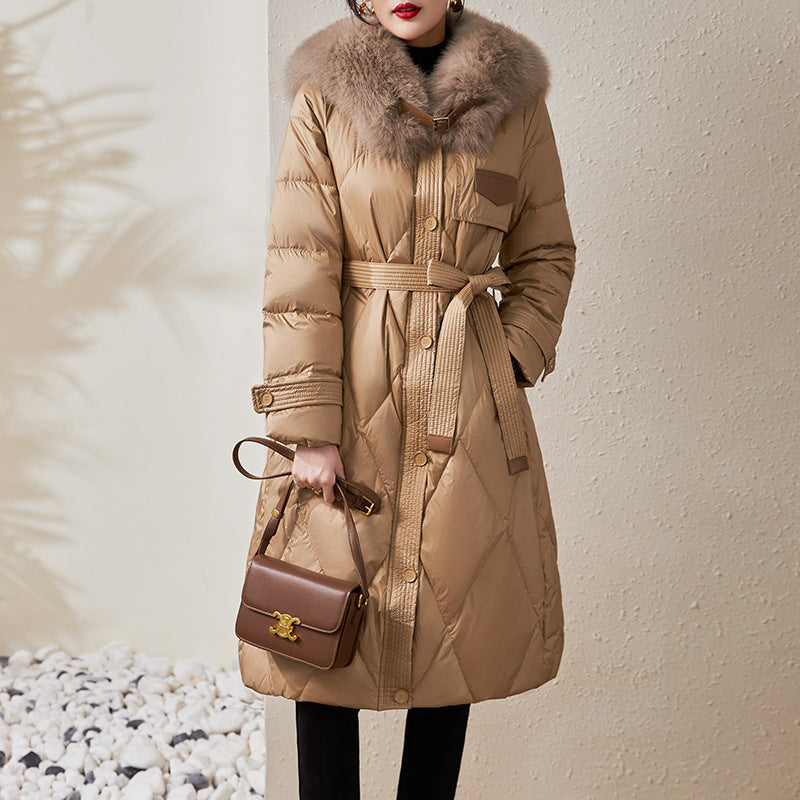 Women's Thiened Genuine Leather down Jaet eepskin Fur Collar Slim Fit Mid-Length Zipper Closure Coat
