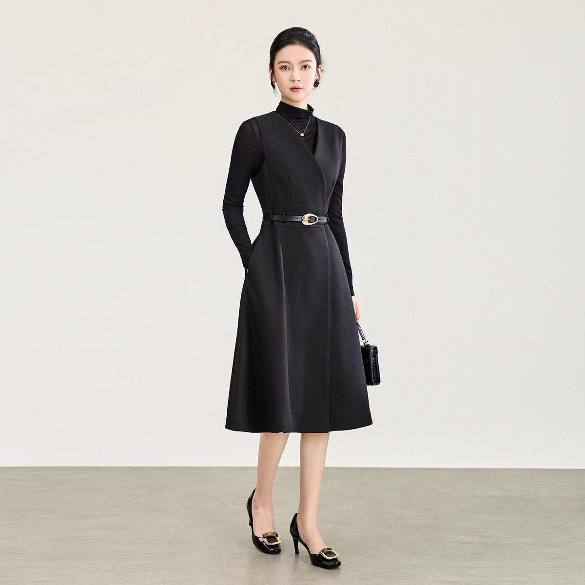 Elegant Black A-Line Dress Women's Long Sleeve Slimming Waist Design Autumn New Style High-End Feeling Business Suitable