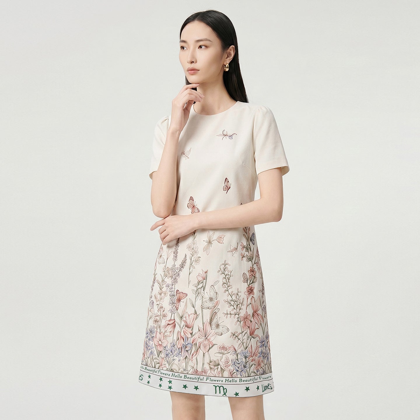 Elegant Summer New Women's Fashion Print Letter Handmade Rhinestone round Neck Short Sleeve A-Line Skirt Dress