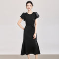 Elegant Temperament Crew Neck Puff Short Sleeve High Waist Flower Black Fishtail Long Evening Dress Women Summer