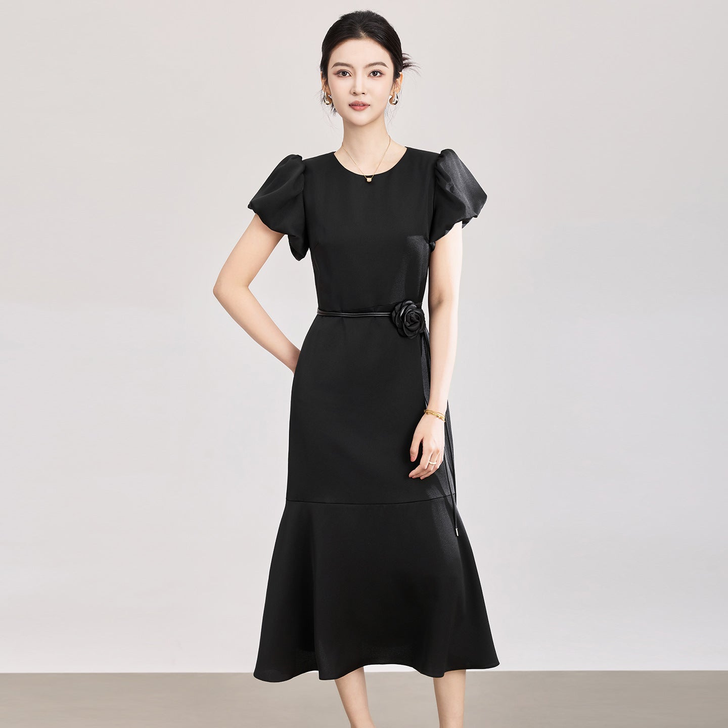 Elegant Temperament Crew Neck Puff Short Sleeve High Waist Flower Black Fishtail Long Evening Dress Women Summer