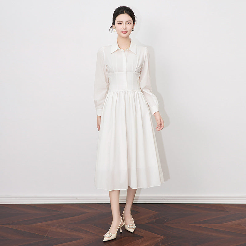 Elegant Long-Sleeved Women's Solid Color Button Fashion Summer Dress Simple Commuting A-Line Casual White Robe Lapel