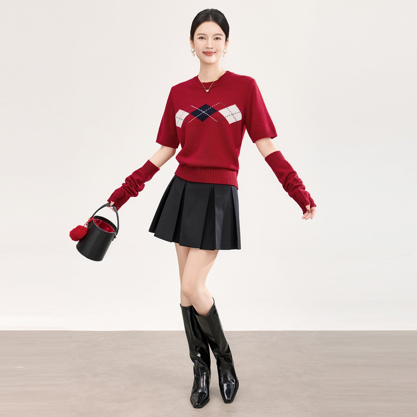Soft Cozy Retro Color Block Diamond Pattern round Neck Knitted Sweater Women Summer Slim Fit Overhead Shirt V-Neck Short Sleeve
