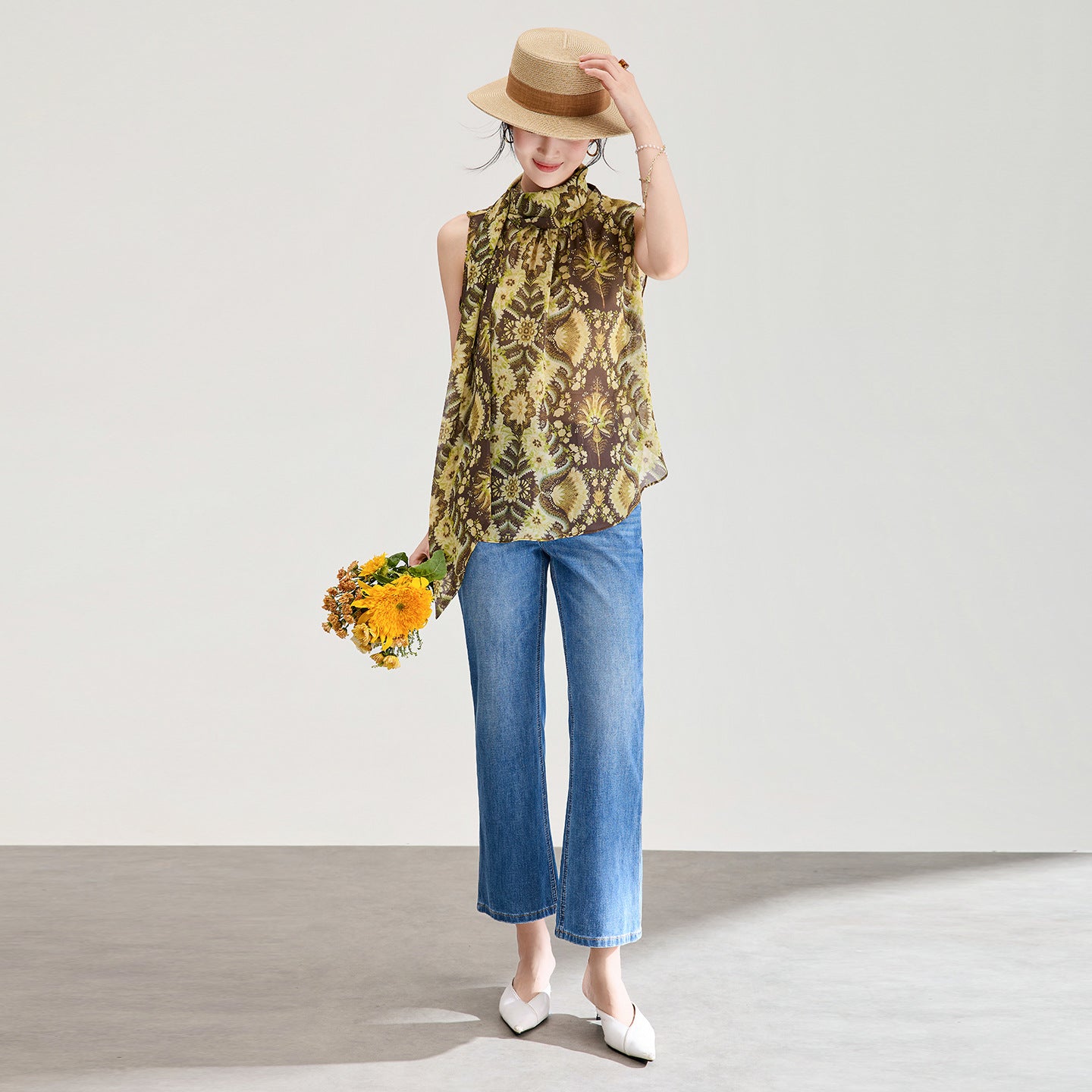 Lightweight Floral Print Chiffon Slim Fit Shirt with Scarf Summer Elegant Vest Top Sleeveless Patchwork French Style Casual