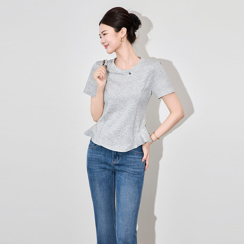 Spring Summer Ruffles Short Sleeve Women's T-shirts New Fashionable O-neck Bottom Korean Casual Slim Short Tops Female