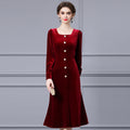 French Style Hepburn Long Sleeve Velvet Dress Women's Autumn Winter New High Fashion Versatile Red Dress Mini Empire Waist