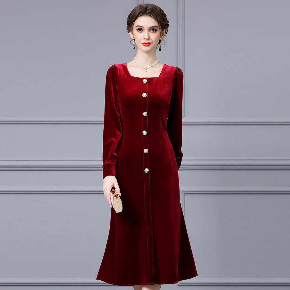 French Style Hepburn Long Sleeve Velvet Dress Women's Autumn Winter New High Fashion Versatile Red Dress Mini Empire Waist