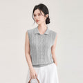 French Vintage Polo Neck Sleeveless Knitted Vest Ice Silk Hollow out Summer Top Women's Loose Fit Casual Style T-Shirt