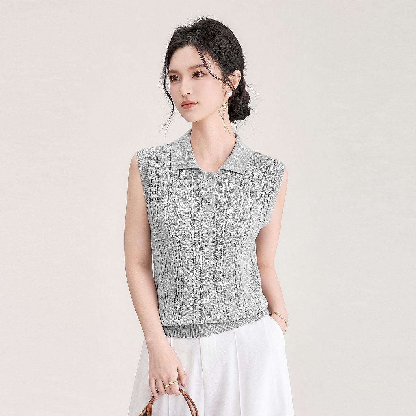 French Vintage Polo Neck Sleeveless Knitted Vest Ice Silk Hollow out Summer Top Women's Loose Fit Casual Style T-Shirt