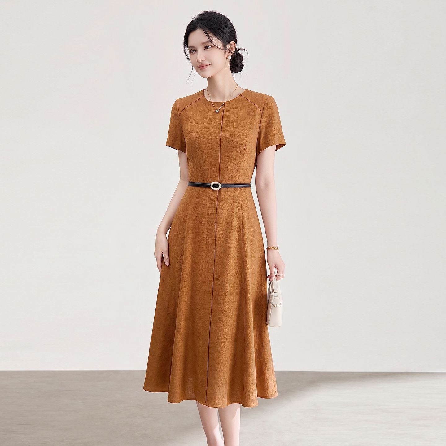 Elegant Style Commute Friendly Slimming Midi Dress Short Sleeve A-Line Cotton Blend Women's Fashion Summer Dress