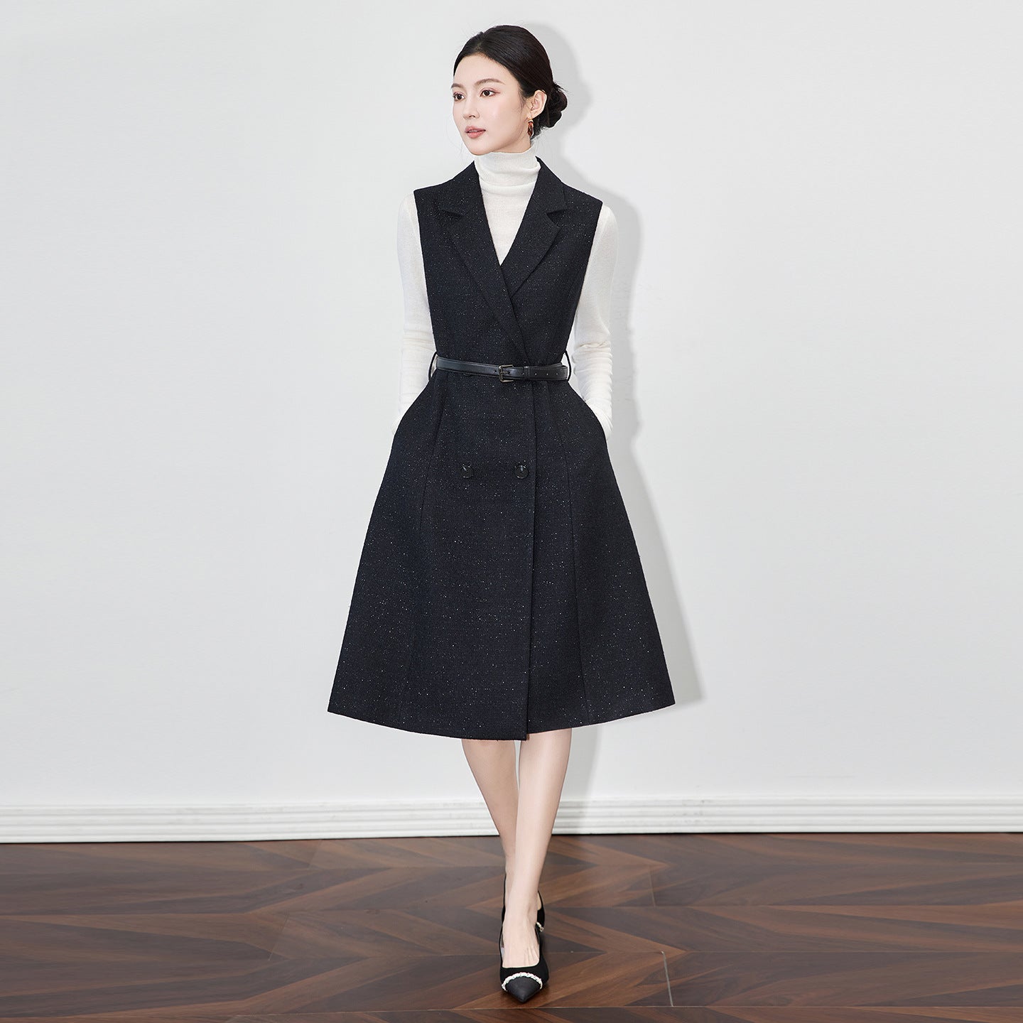 High Waist A- Line Dress Winter Fashion Elegant Short Coat Youthful Polyester Wool Blend Long Sleeve round Neck Dress