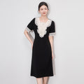 Lace Splice Neckline Slimming Dress High Elasticity Quality Mid-Length A- Line Skirt Short Sleeve round Neck Dress