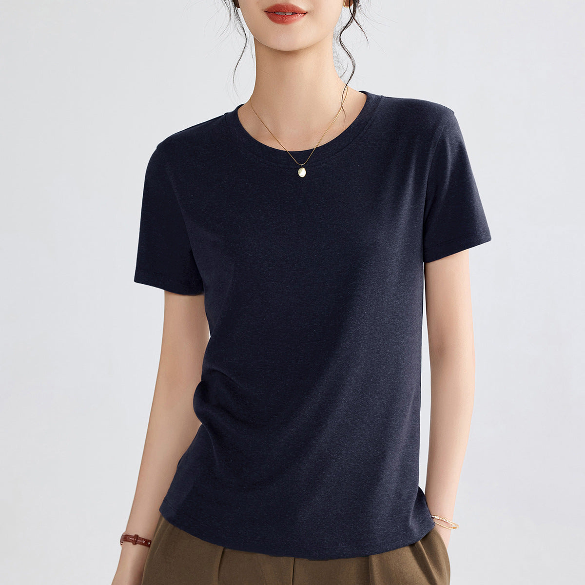 Summer Women's Pima Cotton T-Shirt | Cooling 80s Double Mercerized Wide U-Neck Top | Silky Breathable Elegant Casual Blouse