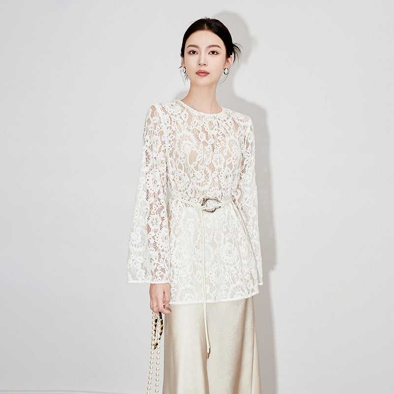 Flocking Embossed Lace Bell Sleeve Base Shirt Vintage Luxury Hollow out Semi-Transparent round Neck Long Sleeve French Style