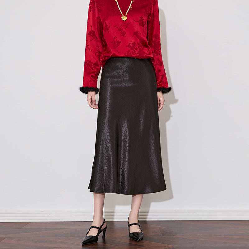 Thickened Acetate Satin Fish Tail Half Skirt Women's Autumn New High Waist Slim A- Line Hip Covering Long Skirt Elegant Commute