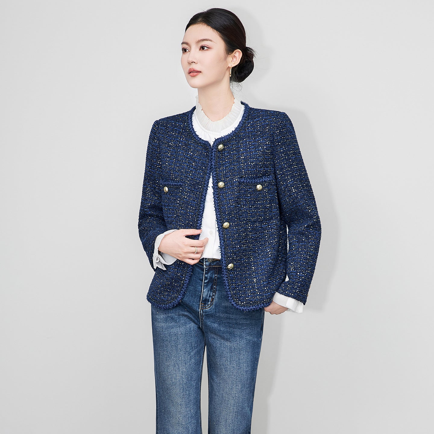 Short Sequin Knitwear Women's Commuter Style Luxury Light Weight Polyester Fabric round Neck Long Sleeve Elegant French Lady