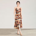 Women 100% Silk Floral Printed Sling Dress Summer Holiday Style Female Sleeveless V-Neck Robe