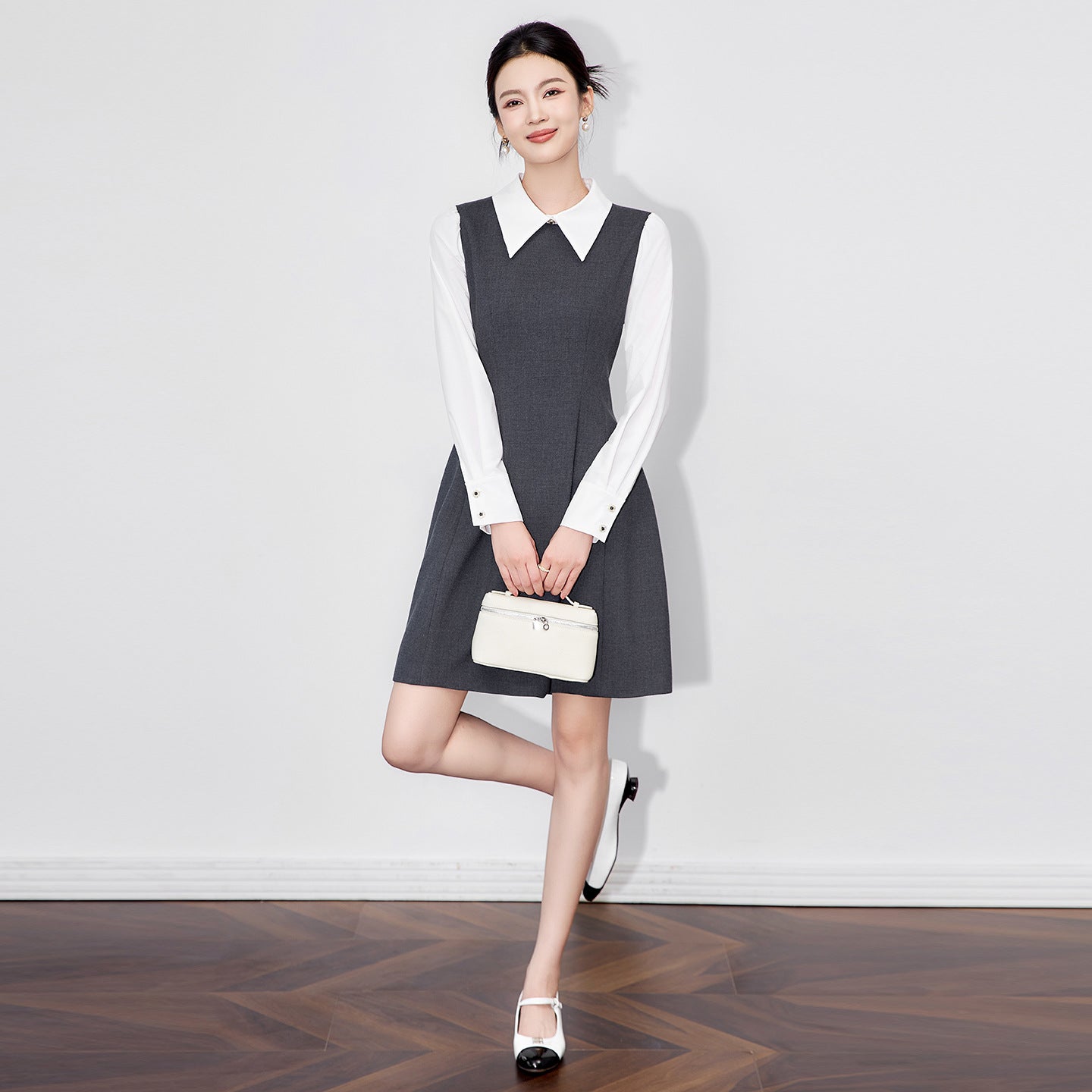 Spring Autumn Fresh Style Professional Color Block Fake Two-Piece Waist-Cinching Dress Women's Fashionable Knee-Length Dress