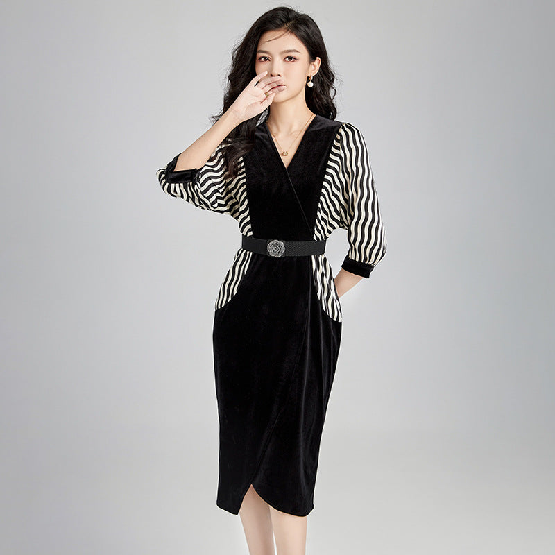 Elegant Vintage Striped Color Block Velvet Black Dress Women's Winter Fashion High Waist A- Line Skirt Long Sleeve V-Neck Dress