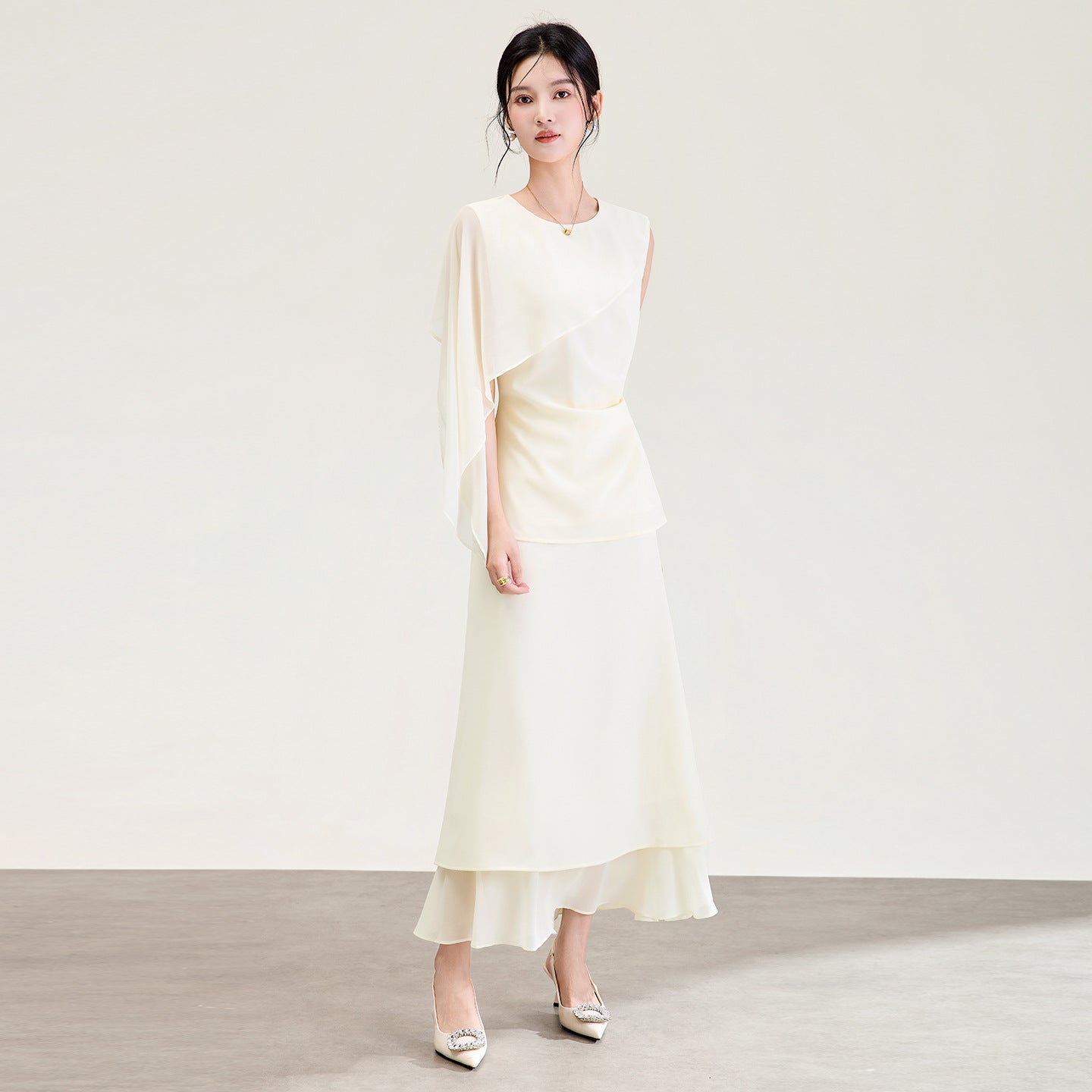 Elegant Beige Mid-Length Fake Two-Piece Dress Style High Waist A-Line Skirt without Sleeves Spring Summer New Arrival for Women