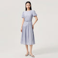 Women's 100% Cotton Minimalist Dress French Light Blue Cut Out Beaded Square Neck Tie Waist Casual A-Line Midi Dress