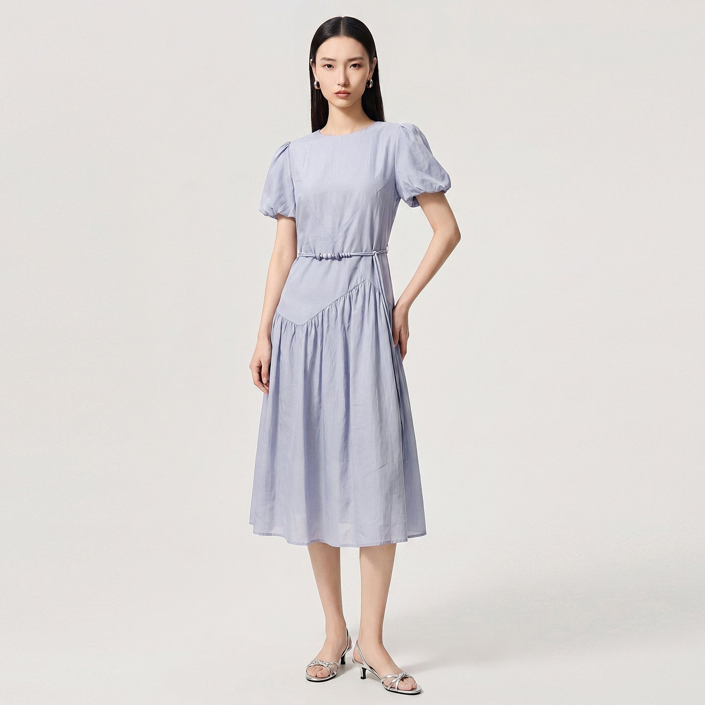 Women's 100% Cotton Minimalist Dress French Light Blue Cut Out Beaded Square Neck Tie Waist Casual A-Line Midi Dress