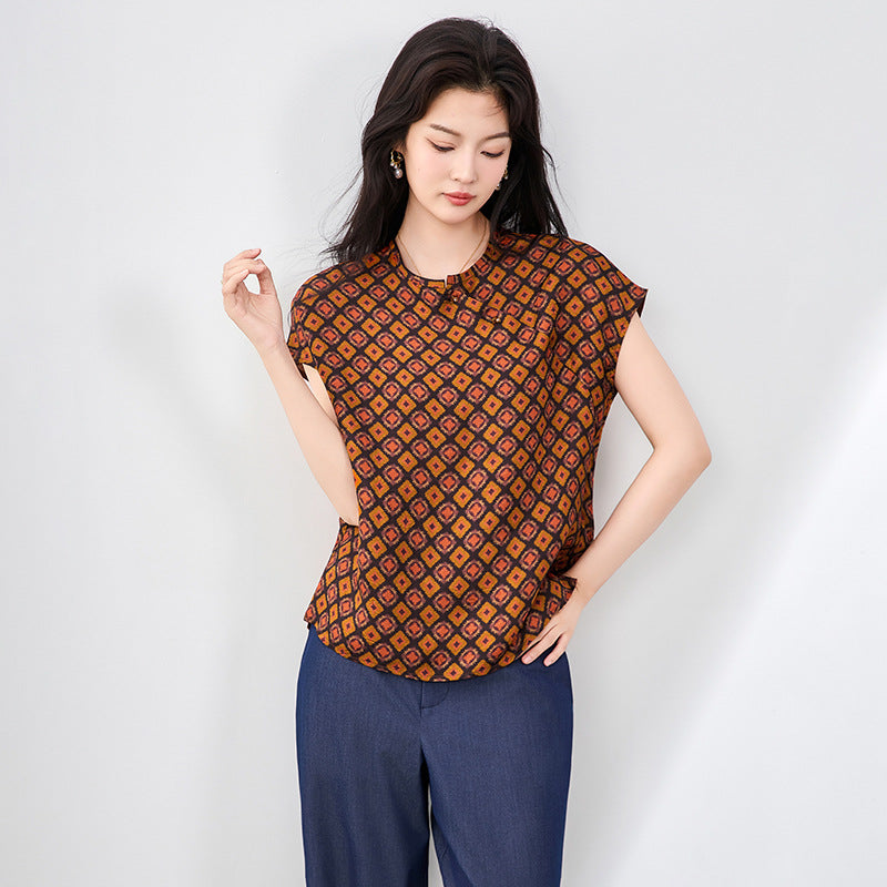 Elegant Vintage Chinese Print T-Shirt Women's Short Sleeve round Neck Button up Shirt Quality Comfortable Viscose Fiber