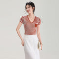 Loose Short Sleeve V-Neck Striped T-Shirt Women Summer New Design Casual Comfortable Cotton Polyester Blend Top