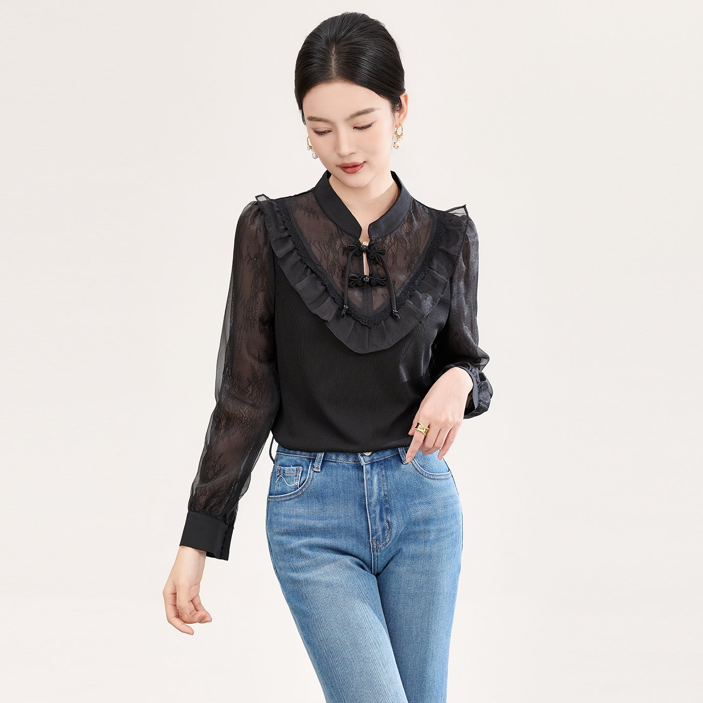 Retro Chinese Style Pearl Button Knitted Lace Shirt Women's Long Sleeve Flag Dress Style Spring Fashion Elegant Top