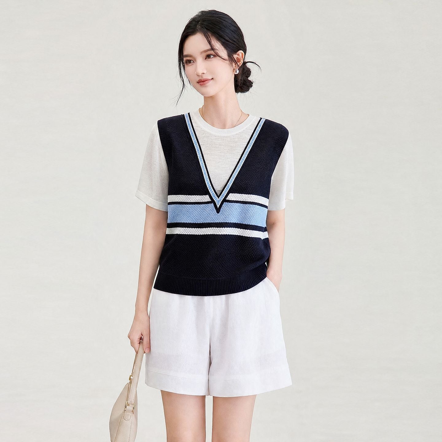 Casual Sle Women's ort Sve Knitted Top V-Ne Patchwork Design Summer Breathable Loose Fit T-irt College Trend
