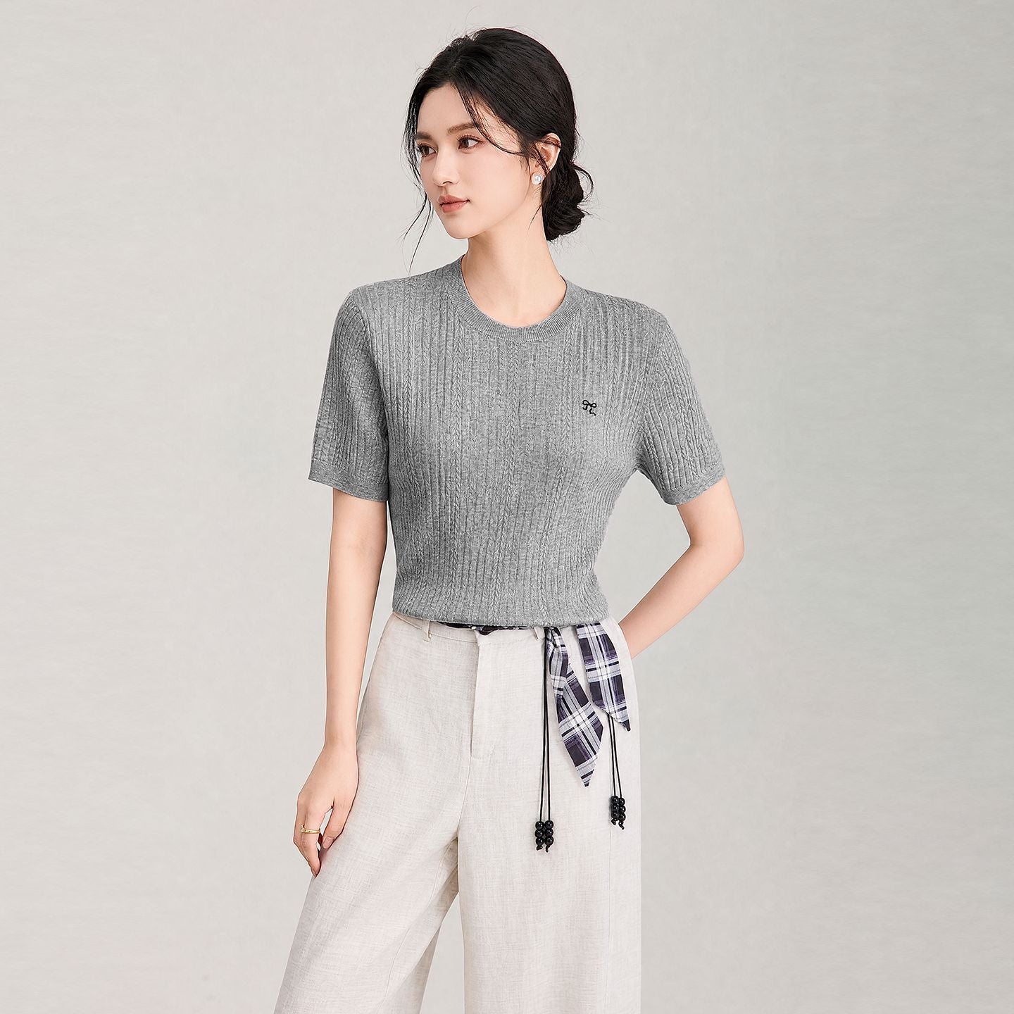 Fashionable Short Sleeve round Neck T-Shirt Women's All-Match Summer Top Color Block Lyocell Silk Soft Knitted Loose Fit