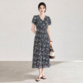 Fashionable Blue Floral Print Dress V-Neck Slimming Midi Skirt Polyester Fabric High Waist A-Line Silhouette Short Sleeve Commute ...