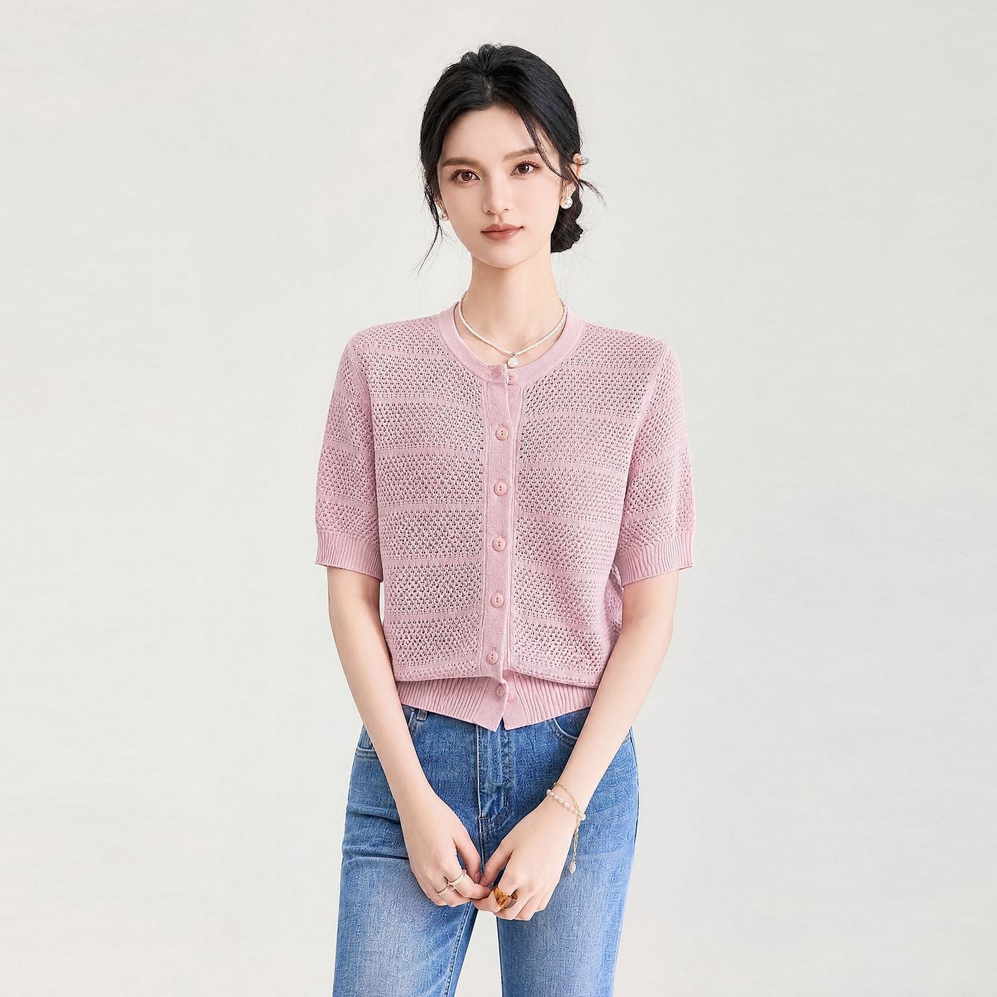 Knitted Short Sleeve Cardigan Women's Pure Color Twist Flower Single Button Summer New Gentle Style Regular Fit Commute