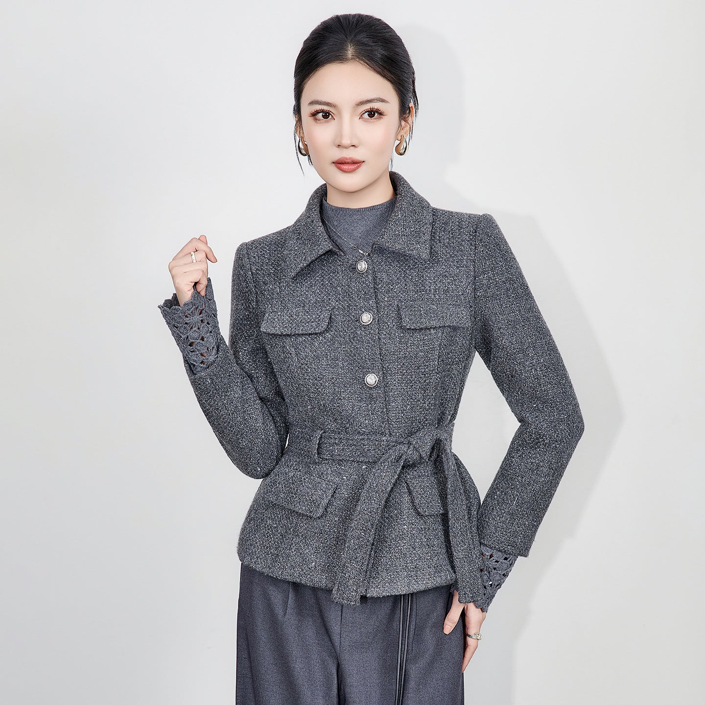 Women's Shirt Style Belted Thickened Woolen Tweed Quilted Coat Autumn Winter New Arrival Elegant Commute Fashion Outerwear