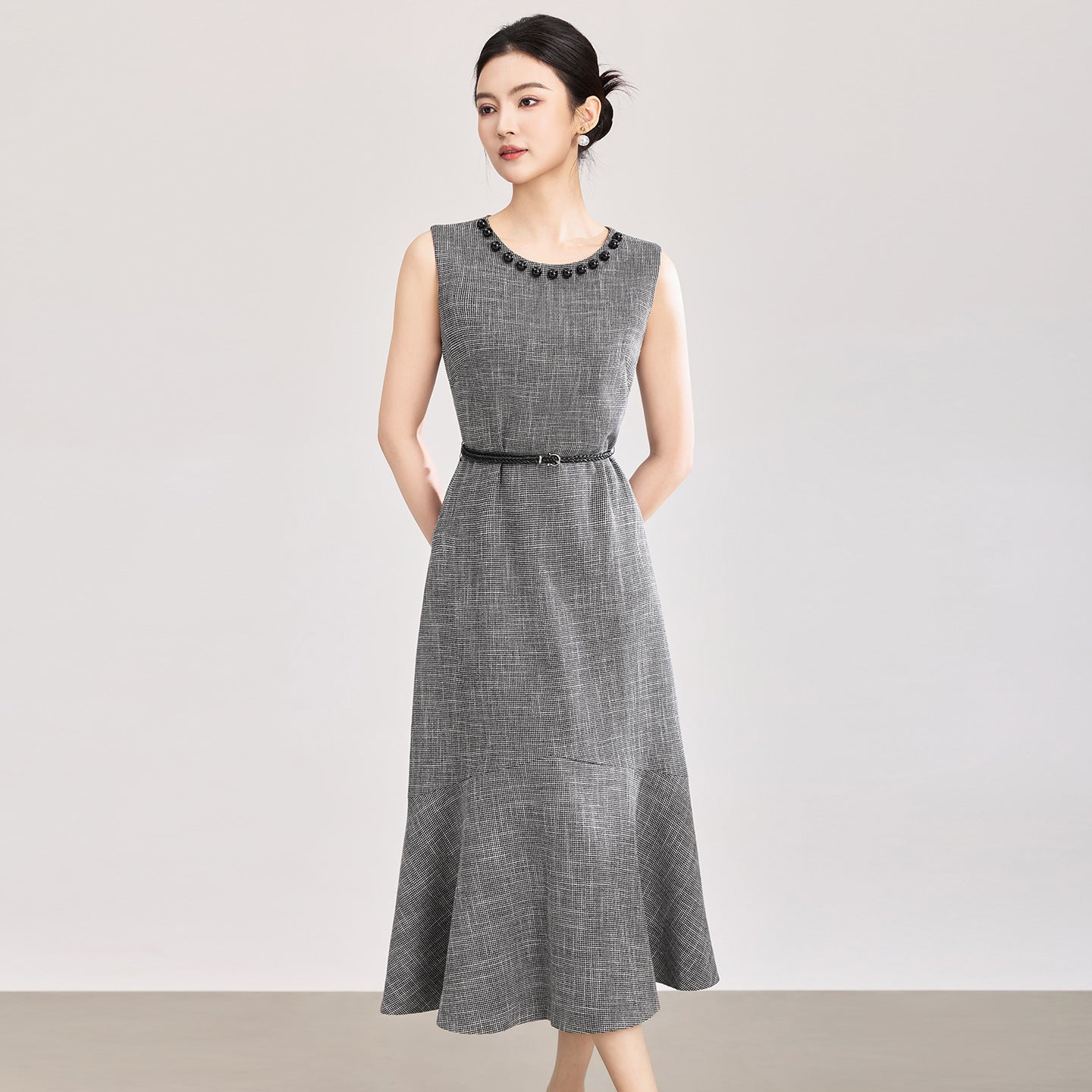 French Elegant Temperament Socialite Bead Crew Neck Sleeveless High Waist Belt Slim Fit Fishtail Long Dress Women