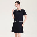 Loose Spliced Bead Casual Dresses for Women Round Neck Short Sleeves Patchwork Pockets Mini Dress Female Clothing