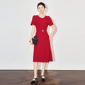 Red Handmade Diamond Embellished A-Line Dress Elegant High Waist Belt Summer New Style Elegant Commuter Dress