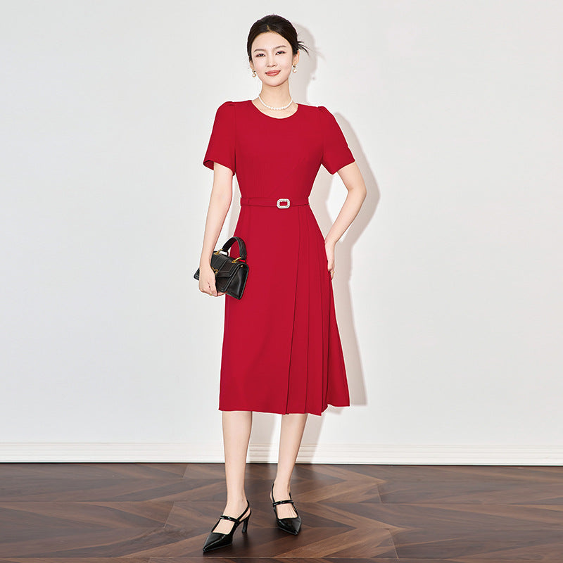 Red Handmade Diamond Embellished A-Line Dress Elegant High Waist Belt Summer New Style Elegant Commuter Dress
