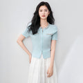 Women's Double Zipper Knit Cardigan Diamond Studded Nail Beaded Sequined Short Sleeve Slim Fit Sweater Knitwear Top for Female