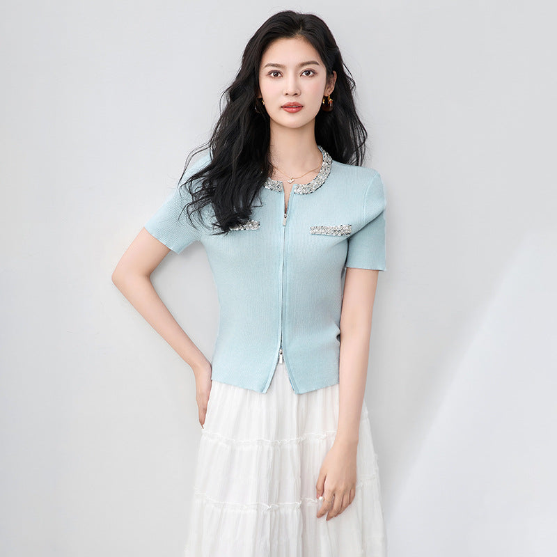 Women's Double Zipper Knit Cardigan Diamond Studded Nail Beaded Sequined Short Sleeve Slim Fit Sweater Knitwear Top for Female