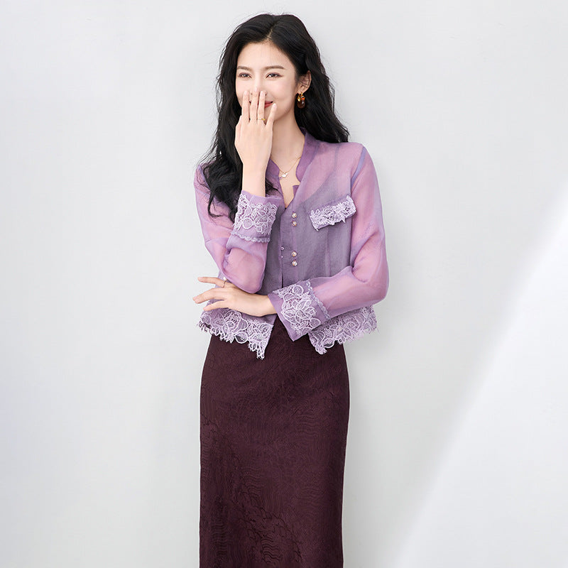 Shirt For Woman Spring New Commuter Stand-up Collar With Belt Silk Long Sleeve Top Women's Casual Black Shirt