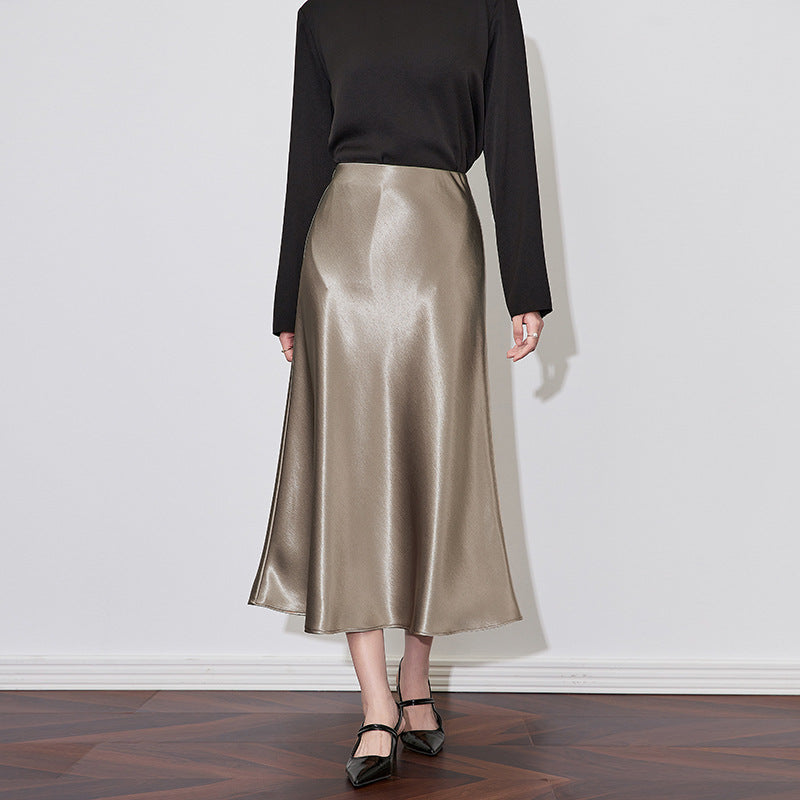 Thickened Acetate Satin Fish Tail Half Skirt Women's Autumn New High Waist Slim A- Line Hip Covering Long Skirt Elegant Commute