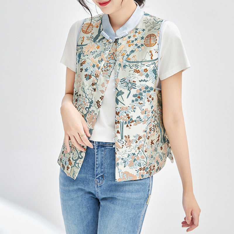 Spring Women's Vest Elegant Jacquard Frog Button Sleeveless Color Contrast All-Match Fashion Ladies Waistcoat
