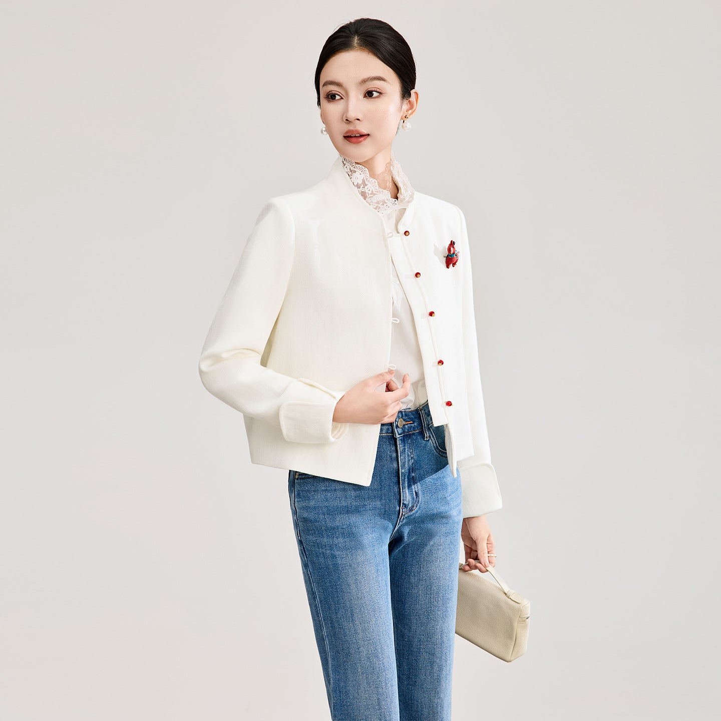 New Chinese Style Women's Spring Short Jacket Horse Brooch Stand Collar Medium Thickness Long Sleeve Casual Outerwear