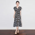 Women's Burgundy Rose Print Chiffon Midi Dress V-neck Ruffle Sleeve Belted A-line Casual Dress
