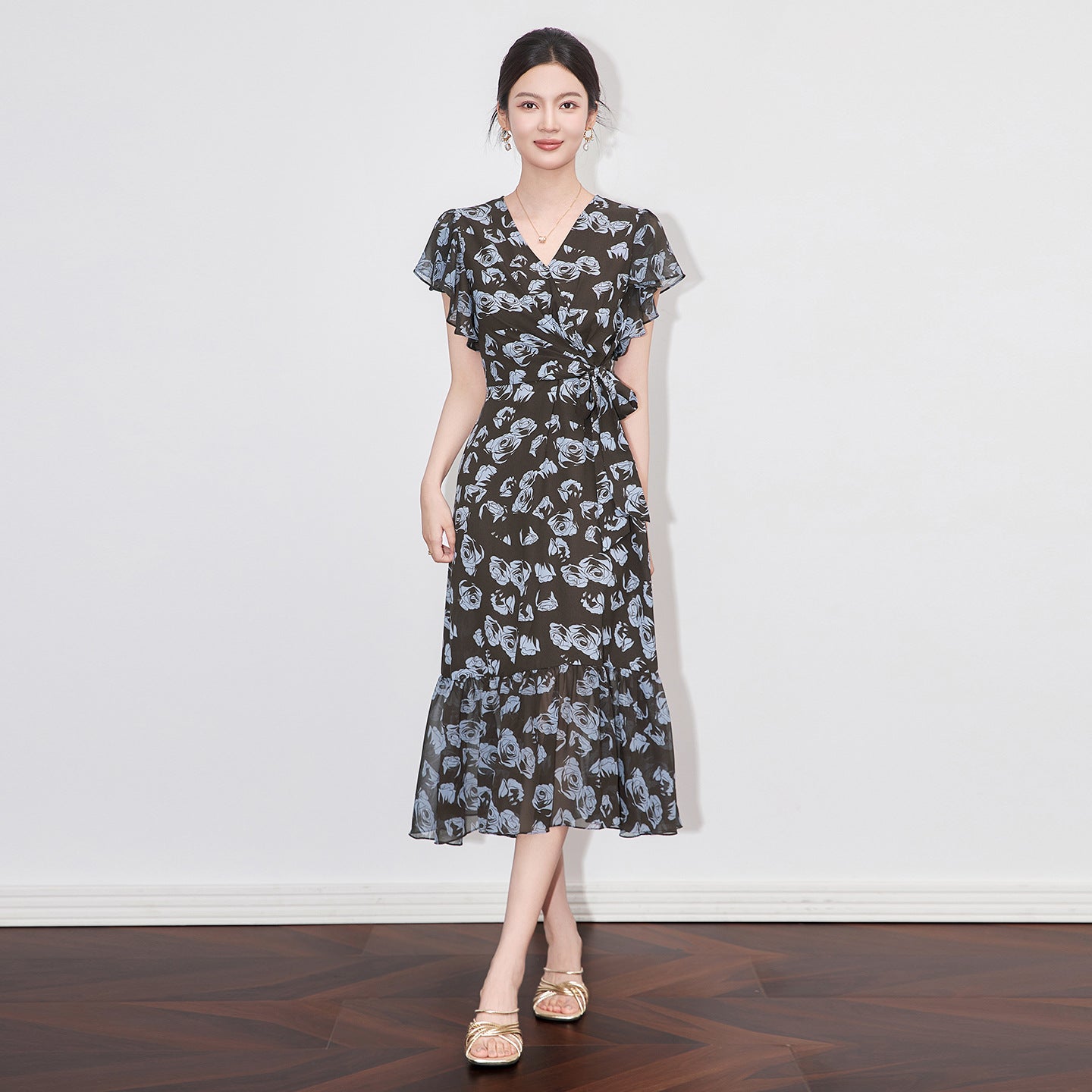 Women's Burgundy Rose Print Chiffon Midi Dress V-neck Ruffle Sleeve Belted A-line Casual Dress