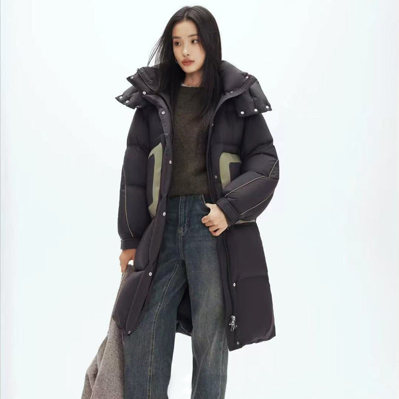 Winter Length Down Jacket for Women New Winter 2025 Contrasting Color Splicing Hooded Casual Fashion Thick Warm Down Coat Female